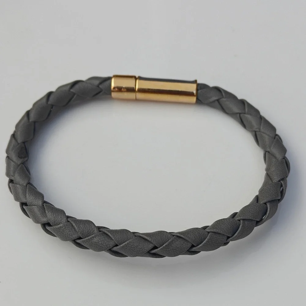 Gray Braided Faux Leather Cord Magnetic Bracelet‎ Gold Tone Enamel Clasp Woven